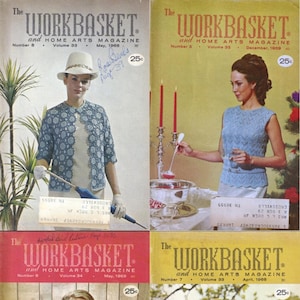 May include: Four vintage magazine covers featuring women wearing knitted sweaters. The covers are from the Workbasket and Home Arts Magazine, published in 1968 and 1969. The magazines feature a variety of knitting patterns and instructions.