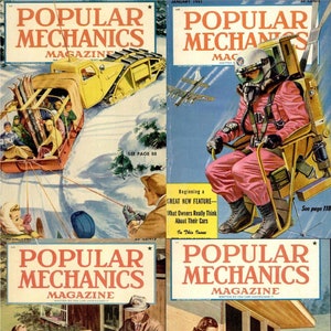 Könnte beinhalten: Vier Cover der Zeitschrift Popular Mechanics aus dem Januar 1951. Die Cover zeigen Illustrationen eines Schneemobils, eines Mannes in einem Jetpack, eines kleinen gelben Autos und einer Frau, die ein Haus baut.