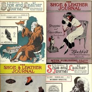 May include: Four vintage magazine covers for "The Canadian Shoe and Leather Journal" from February and March 1910. Each cover features an illustration and text about shoes and leather goods.