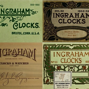 Puede incluir: Una colección de etiquetas antiguas de relojes Ingraham. Las etiquetas presentan una tipografía ornamentada y diseños florales y geométricos decorativos. Las etiquetas incluyen el texto "INGRAHAM CLOCKS" y "BRISTOL, CONN. U.S.A."
