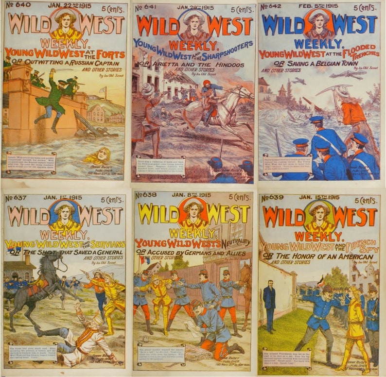 Pu&ograve; includere: Una collezione di sei copertine di fumetti vintage di Wild West Weekly di gennaio e febbraio 1915. Ogni copertina presenta una storia diversa su Young Wild West, con illustrazioni di cowboy, nativi americani e soldati. Le copertine sono in buone condizioni, con qualche segno di usura.