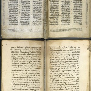 May include: Two pages of a handwritten Hebrew text document. The pages are yellowed with age and have a worn, aged appearance. The text is written in a flowing script with many decorative flourishes.