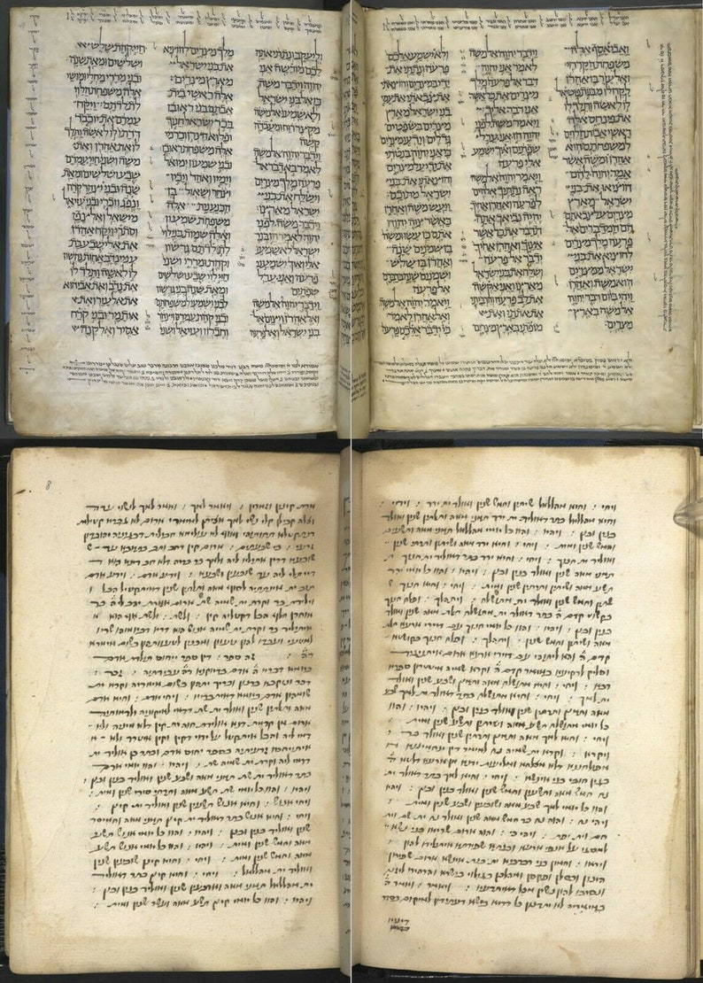 May include: Two pages of a handwritten Hebrew text document. The pages are yellowed with age and have a worn, aged appearance. The text is written in a flowing script with many decorative flourishes.