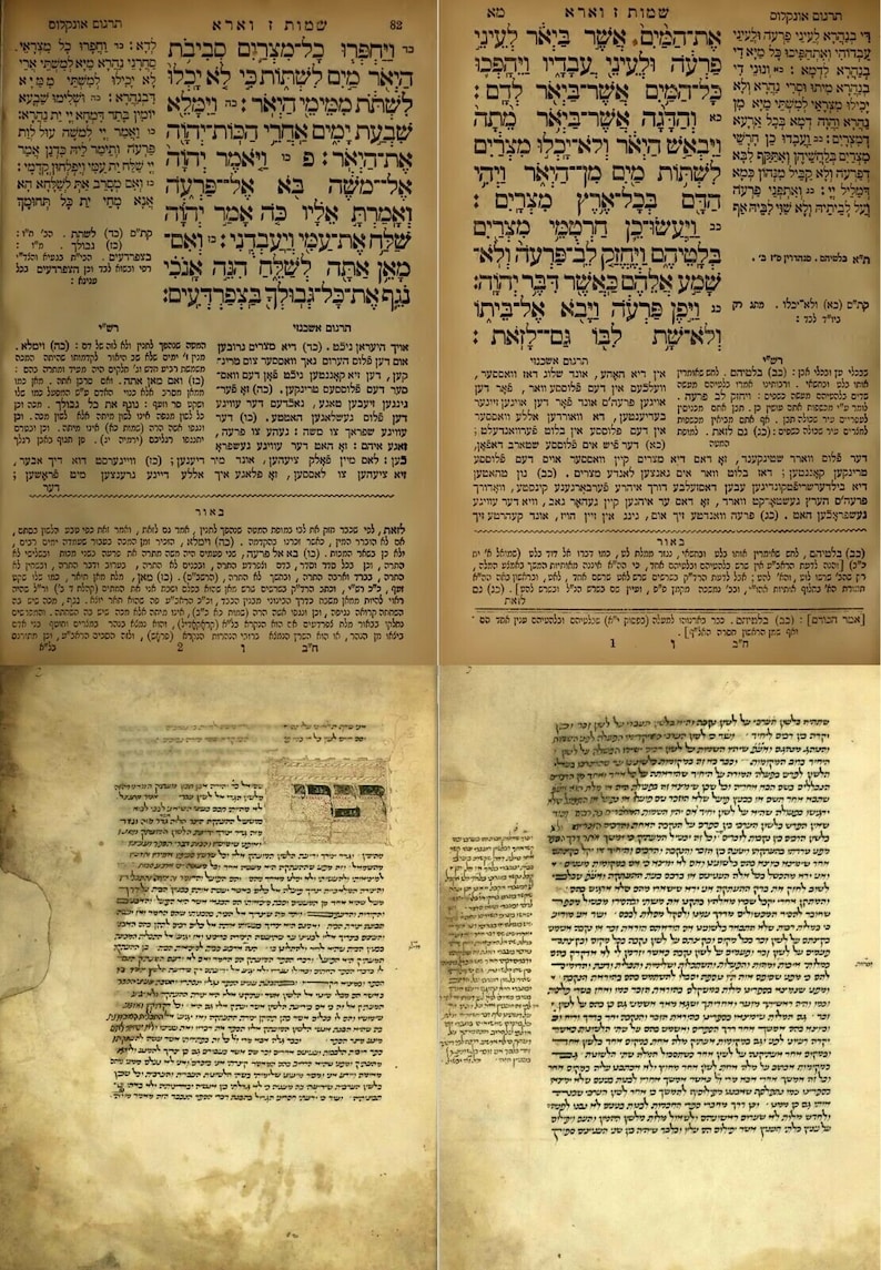 May include: Two pages of a Hebrew text book. The pages are yellowed with age and the text is in black ink. The text is in Hebrew and is written in a cursive script. The pages are numbered 82 and 83. The text is about the story of Moses and the plagues of Egypt.