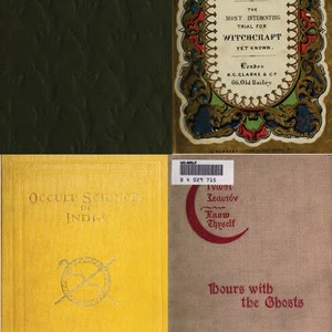 K&ouml;nnte beinhalten: Vier Vintage-Buchcover mit Titeln und Autorennamen. Das obere linke Cover ist gr&uuml;n mit dem Titel "Das gro&szlig;e Geheimnis" von Maurice Maeterlinck. Das obere rechte Cover ist ein farbenfrohes, verziertes Design mit dem Titel "Die Bernsteinhexe. Der interessanteste Prozess wegen Hexerei, der je bekannt wurde." Das untere linke Cover ist gelb mit dem Titel "Okkulte Wissenschaften in Indien und unter den Alten" von Louis Jacolliot. Das untere rechte Cover ist braun mit dem Titel "Stunden mit den Geistern" von Henry Ridgely Evans.