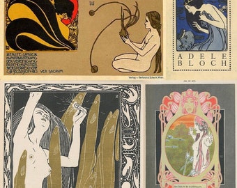 May include: A collection of four vintage art nouveau bookplates featuring black and white illustrations of women and stylized floral designs. The bookplates are printed on cream-colored paper and have a decorative border.