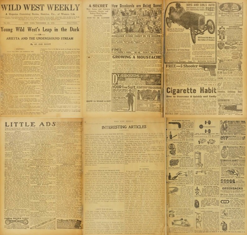Pu&ograve; includere: Una pagina di giornale vintage con il titolo "Wild West Weekly" e diversi articoli su come coltivare un baffo, conquistare le abitudini di bere e un segreto per dimagrire. Il giornale presenta anche annunci per un abito gratuito, diamanti e un 5-shooter gratuito.