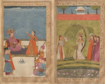 May include: A detailed illustration depicting two scenes. The left panel shows a figure in pink attire seated on a platform, with others nearby. The right panel depicts figures in a garden setting, with a gazebo in the background. The artwork features vibrant colors and intricate details.