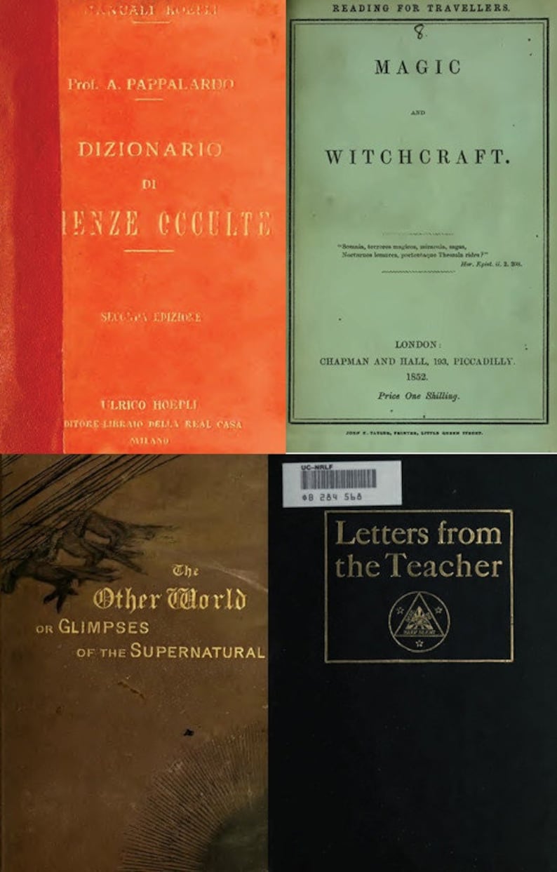 K&ouml;nnte beinhalten: Vier Vintage-Buchcover mit Titeln, die sich auf Magie, Hexerei und das &Uuml;bernat&uuml;rliche beziehen. Die Cover sind in verschiedenen Farben, darunter Rot, Gr&uuml;n, Braun und Schwarz. Die B&uuml;cher tragen die Titel "Dizionario di Tenze Occulte", "Magie und Hexerei", "Die andere Welt oder Einblicke in das &Uuml;bernat&uuml;rliche" und "Briefe vom Lehrer".