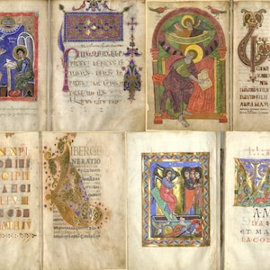 May include: A collection of illuminated manuscript pages, featuring vibrant illustrations and calligraphy. The pages display religious scenes with figures in colorful robes, ornate borders, and decorative initial letters. The overall theme is religious art.
