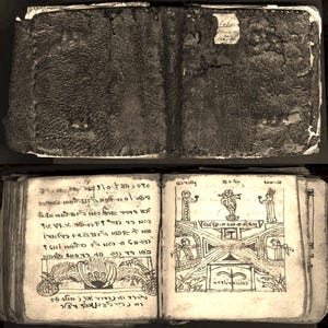 May include: An open, antique book with a dark brown, textured leather cover. The pages are yellowed and filled with handwritten text and illustrations in black ink. The book appears to be very old, with signs of wear and tear.