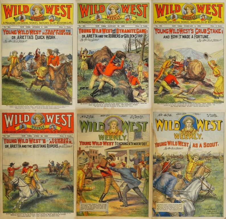Pu&ograve; includere: Una collezione di sei copertine di fumetti vintage di Wild West Weekly con illustrazioni di cowboy, cavalli e scene del selvaggio West americano. Le copertine sono stampate a colori e presentano il titolo "Wild West Weekly" e il numero e la data di pubblicazione.