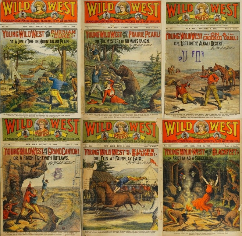 Pu&ograve; includere: Una collezione di sei copertine di fumetti vintage di Wild West Weekly con illustrazioni di cowboy, nativi americani e altri personaggi in ambientazioni western. Le copertine sono datate da gennaio 1908 ad agosto 1908.
