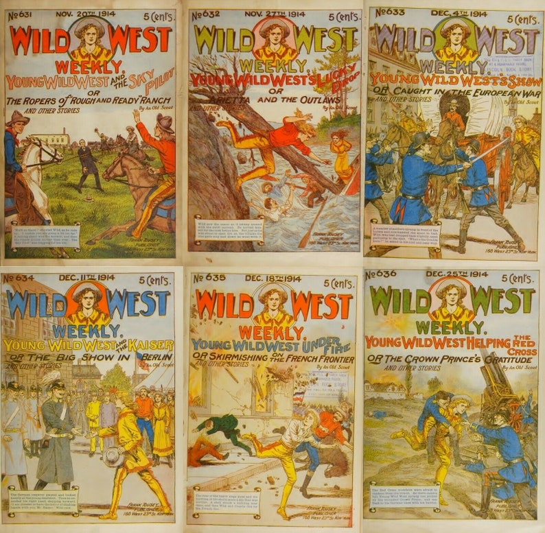 Pu&ograve; includere: Sei copertine di fumetti vintage di Wild West Weekly di novembre e dicembre 1914. Ogni copertina presenta un'illustrazione diversa di un giovane in un ambiente western. Le copertine sono in buone condizioni con qualche segno di usura.