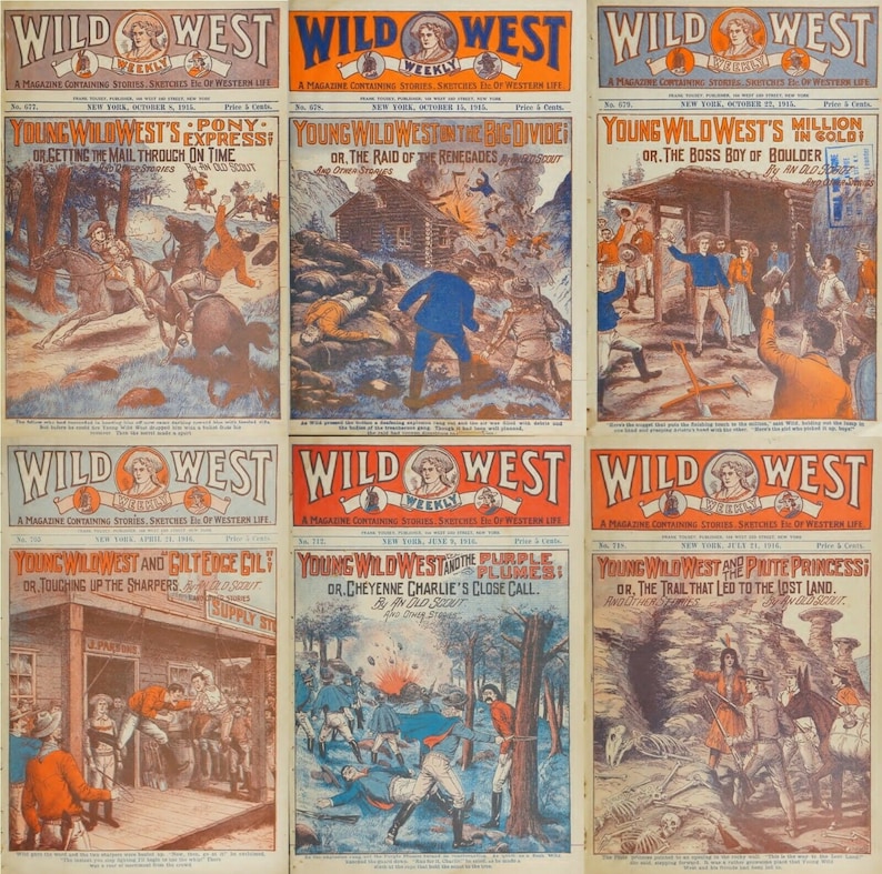 Pu&ograve; includere: Sei copertine di riviste vintage per Wild West Weekly, con illustrazioni di cowboy, cavalli e la vita di frontiera. Le copertine presentano titoli come "Young Wild West's Express" e "Young Wild West and the Purple Plumes".