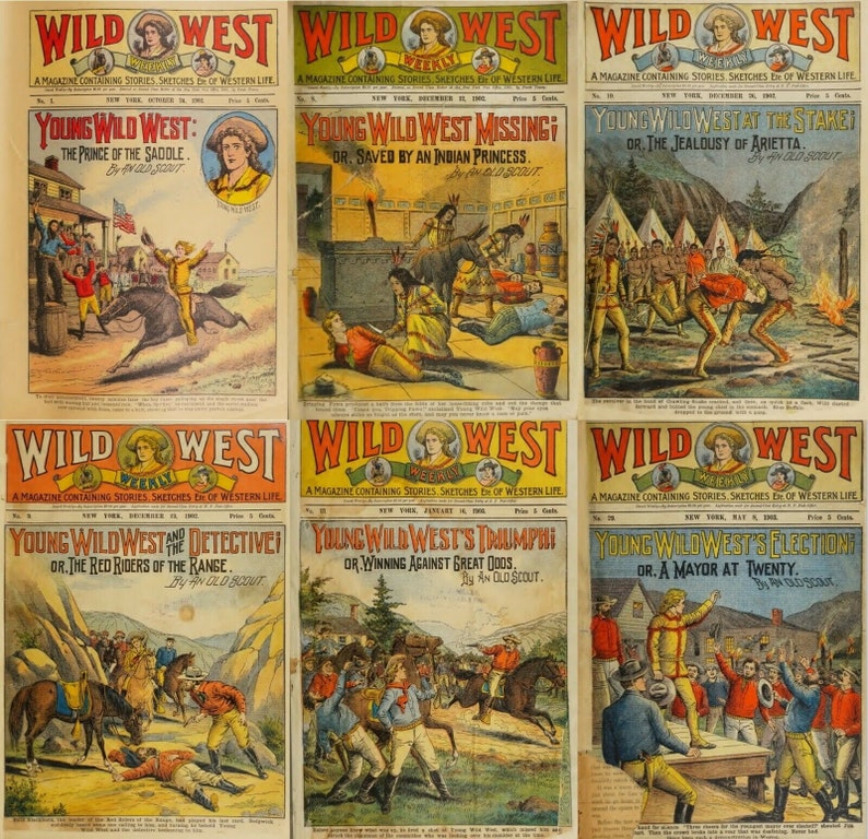 Pu&ograve; includere: Sei copertine vintage della rivista Wild West Weekly con illustrazioni di cowboy, nativi americani e cavalli. Le copertine sono ingiallite dal tempo e riportano il testo "Young Wild West" e il numero del numero.