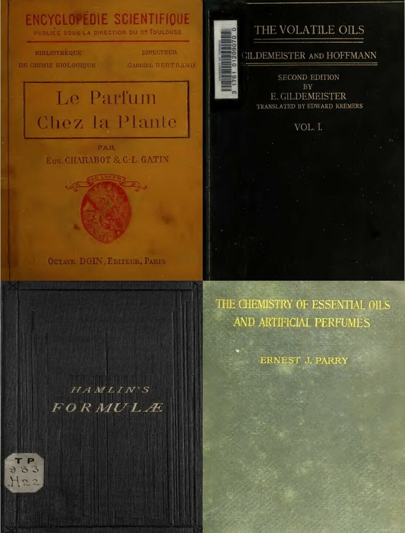 K&ouml;nnte beinhalten: Eine Collage aus vier Buchumschl&auml;gen. Der obere linke Umschlag ist orange und zeigt den Text "Le Parfum Chez la Plante" in Schwarz. Der obere rechte Umschlag ist schwarz und zeigt den Text "The Volatile Oils Gildemeister and Hoffmann" in Wei&szlig;. Der untere linke Umschlag ist schwarz und zeigt den Text "Hamlin's Formulae" in Wei&szlig;. Der untere rechte Umschlag ist gr&uuml;n und zeigt den Text "The Chemistry of Essential Oils and Artificial Perfumes" in Wei&szlig;.