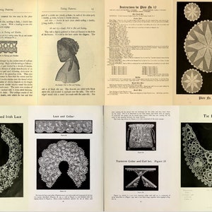May include: A vintage book page featuring various tatting patterns and instructions. The pages display detailed diagrams of lace collars, doilies, and other textile designs. The text includes instructions for Plate No. 10 and other patterns.
