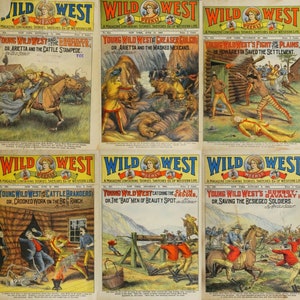 Pu&ograve; includere: Sei copertine di fumetti vintage di Wild West Weekly con illustrazioni di cowboy, cavalli e sparatorie. Le copertine sono a colori e presentano il titolo "Wild West Weekly" e il numero del numero.