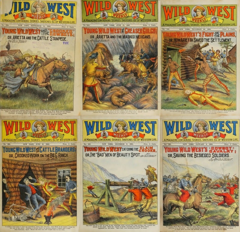 Pu&ograve; includere: Sei copertine di fumetti vintage di Wild West Weekly con illustrazioni di cowboy, cavalli e sparatorie. Le copertine sono a colori e presentano il titolo "Wild West Weekly" e il numero del numero.