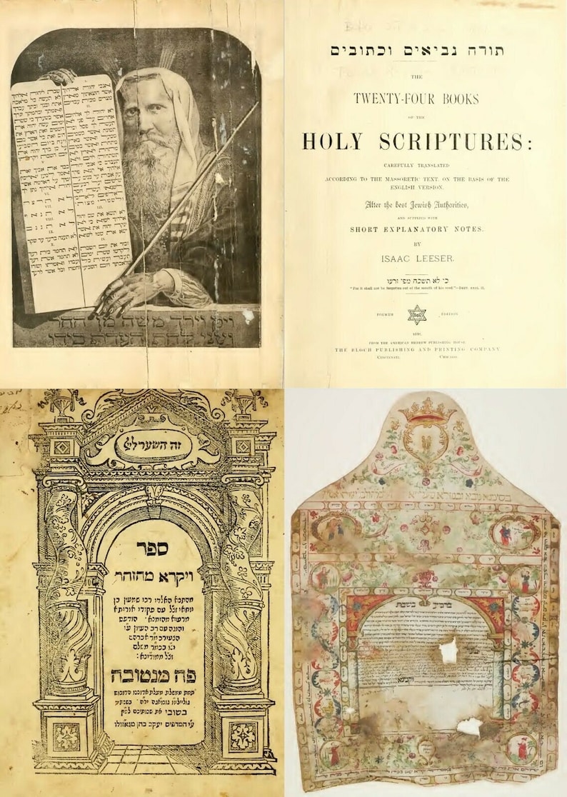 May include: A collage of four images depicting Jewish religious texts and artwork. The top left image shows a man holding a scroll with Hebrew text. The top right image shows a title page for a book of the Holy Scriptures. The bottom left image shows a page from a Hebrew prayer book with an ornate archway and Hebrew text. The bottom right image shows a page from a Hebrew manuscript with a decorative border and Hebrew text.