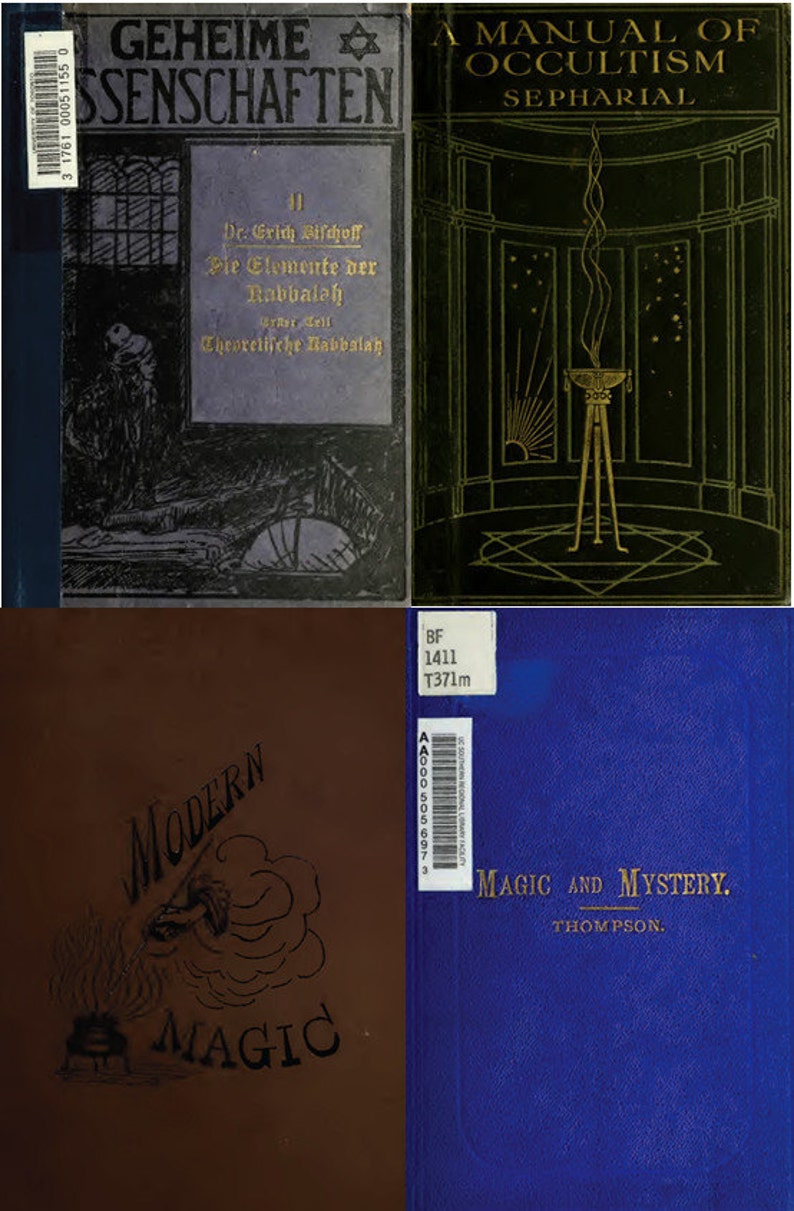 K&ouml;nnte beinhalten: Vier antike B&uuml;cher &uuml;ber Magie und Okkultismus. Die B&uuml;cher haben unterschiedlich farbige Einb&auml;nde, darunter Schwarz, Gr&uuml;n, Braun und Blau. Die Titel der B&uuml;cher lauten "Geheime Wissenschaften", "A Manual of Occultism", "Modern Magic" und "Magic and Mystery".