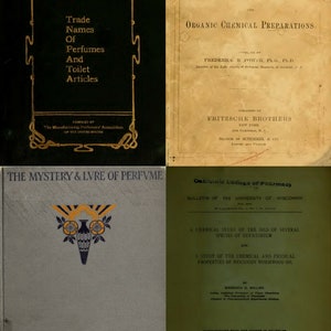 K&ouml;nnte beinhalten: Eine Collage aus vier Buchumschl&auml;gen. Der obere linke Umschlag ist schwarz mit goldener Schrift und zeigt den Text "Seventh Edition 1908" und "Trade Names of Perfumes and Toilet Articles". Der obere rechte Umschlag ist beige mit schwarzer Schrift und zeigt den Text "Descriptive Catalogue of Essential Oils and Organic Chemical Preparations". Der untere linke Umschlag ist grau mit einem goldenen und blauen Design einer Vase mit Blumen. Der untere rechte Umschlag ist gr&uuml;n mit schwarzer Schrift und zeigt den Text "Bulletin of the University of Wisconsin" und "A Chemical Study of the Oils of Several Species of Eupatorium".