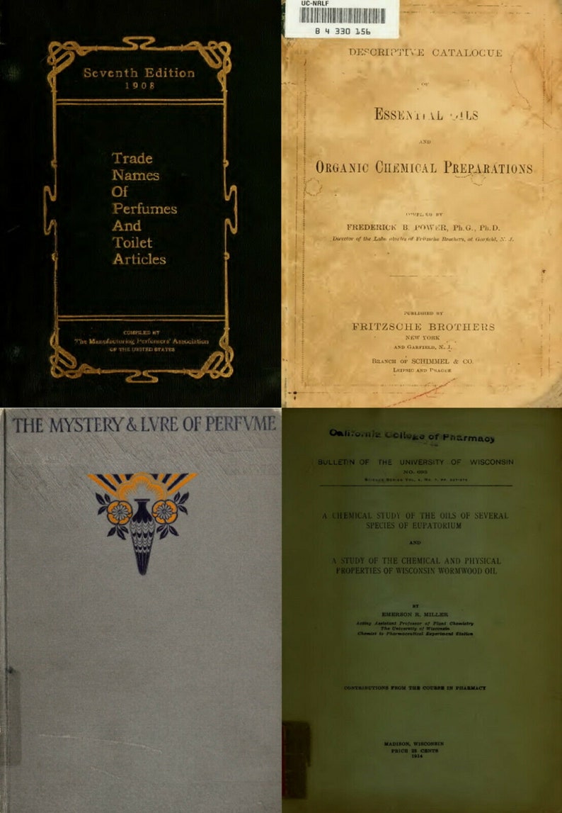 K&ouml;nnte beinhalten: Eine Collage aus vier Buchumschl&auml;gen. Der obere linke Umschlag ist schwarz mit goldener Schrift und zeigt den Text "Seventh Edition 1908" und "Trade Names of Perfumes and Toilet Articles". Der obere rechte Umschlag ist beige mit schwarzer Schrift und zeigt den Text "Descriptive Catalogue of Essential Oils and Organic Chemical Preparations". Der untere linke Umschlag ist grau mit einem goldenen und blauen Design einer Vase mit Blumen. Der untere rechte Umschlag ist gr&uuml;n mit schwarzer Schrift und zeigt den Text "Bulletin of the University of Wisconsin" und "A Chemical Study of the Oils of Several Species of Eupatorium".