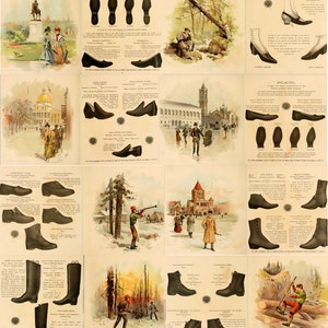 May include: A collection of black leather boots and shoes for men and women. The boots and shoes are shown on a white background with illustrations of people and landscapes. The text on the page describes the different styles and features of the boots and shoes.