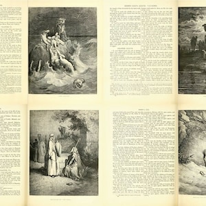 May include: A vintage book with black and white illustrations depicting scenes from the Bible. The book includes text from the Old Testament, including the stories of Jacob and Esau, the crossing of the Red Sea, and the story of Hagar and Ishmael.