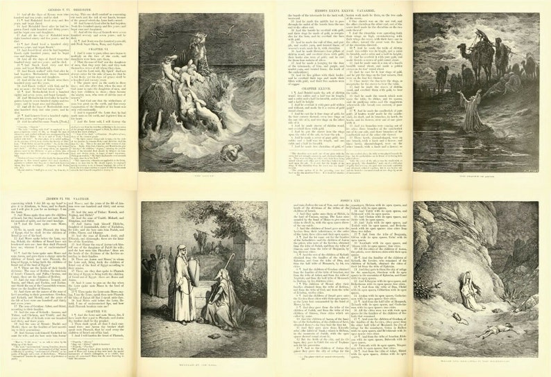 May include: A vintage book with black and white illustrations depicting scenes from the Bible. The book includes text from the Old Testament, including the stories of Jacob and Esau, the crossing of the Red Sea, and the story of Hagar and Ishmael.