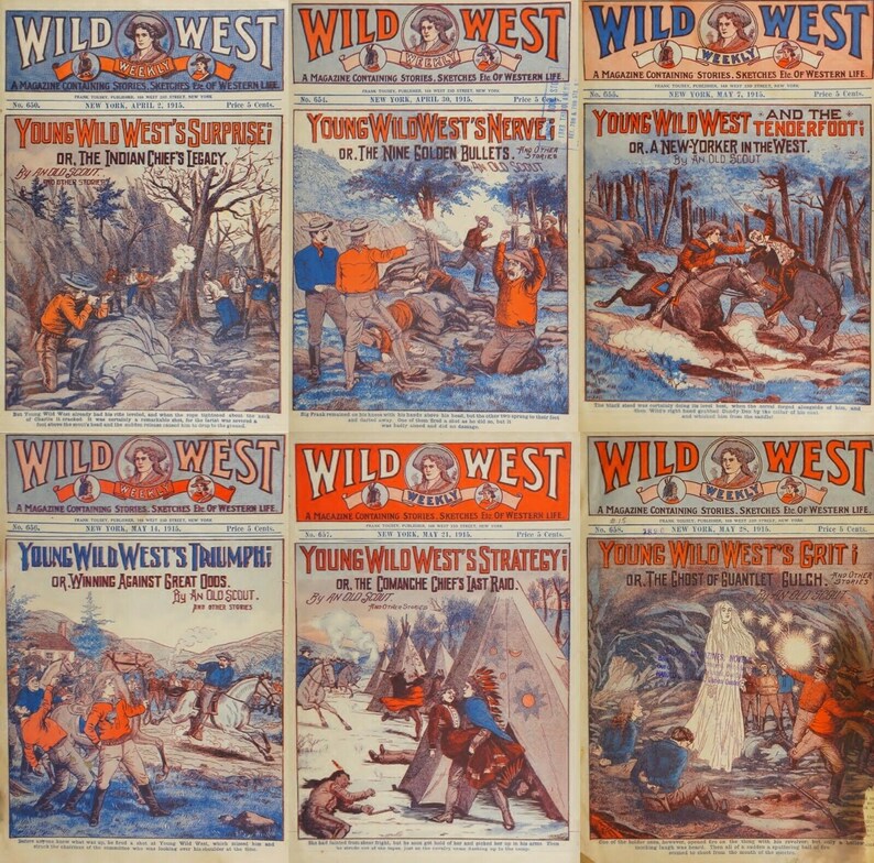 Pu&ograve; includere: Un collage di copertine di riviste vintage che presenta sei numeri di "Wild West Weekly" con illustrazioni di cowboy, nativi americani e scene drammatiche. Le copertine presentano titoli come "La sorpresa di Young Wild West" e "Il coraggio di Young Wild West".