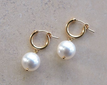 Pearl Hoop Earrings, Small Gold Hoop Earrings, Pearl Earrings, 14KT Gold Fill Hoops