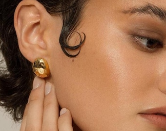 Clous d'oreilles ovales texturés, boucles d'oreilles boutons, or 14 carats vermeil ou argent sterling