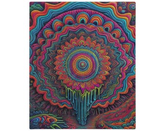 May include: A rectangular wall art piece featuring a vibrant, multi-colored mandala design with concentric circular patterns in shades of pink, orange, blue, and yellow. The center radiates outward with flowing, liquid-like drips in cyan.