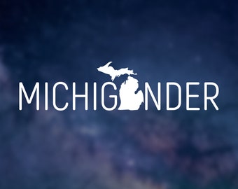 Calcomanía para parachoques de Michigander - 8-10 pulgadas - Blanco, Mitten, MI, Michigan, Norte, Amor, Vinilo