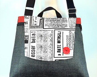 Crossbody Light weight bags, Messanger bag,  Shoulder tote bag, Black and white newspaper bag with red touches, Stylish bag,
