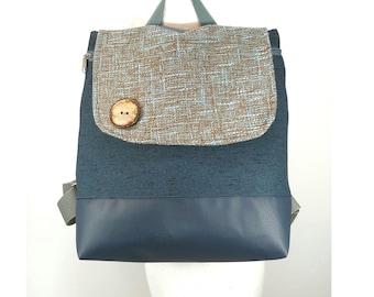 Eco vegan backpack, Fashionable and stylish backpack, Faux leather and fabric combinationbag, Boho Backpack, Blue bag ,