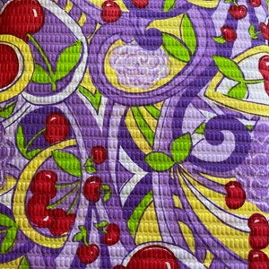 Poly/ cotton pliss . Beautiful summery print in a cool , comfortable lightweight fabric ! Perfect for dresses or tops !