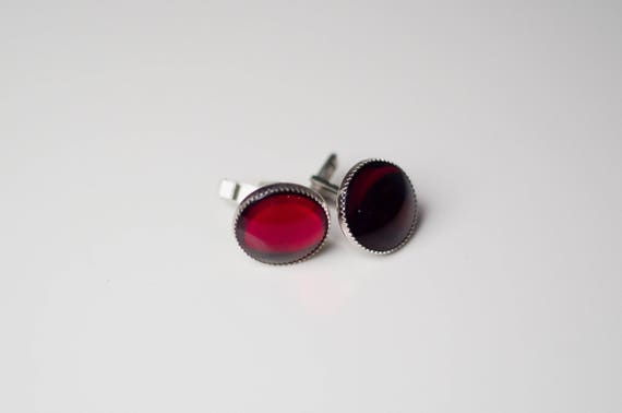 Red retro cufflinks rectangular in gold and silver tone metal soviet accessories men