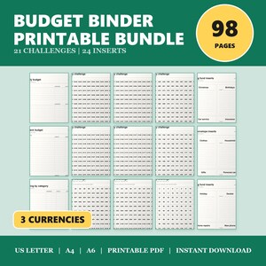 Ensemble de classeurs budgétaires imprimables, 21 défis d'épargne, 3 devises, intercalaires A6 (PDF)