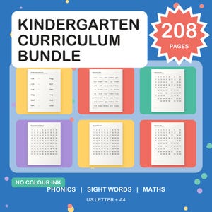 Kindergarten Homeschool Bundle, 208 Pages Phonics, Sight Words, Maths (PDF Download)