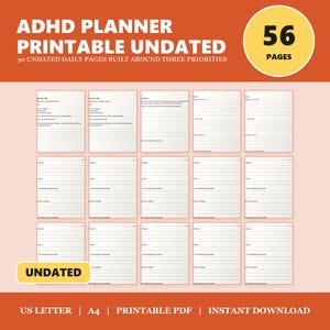 Planificador imprimible para TDAH sin fecha, planificador de enfoque diario para adultos, cuaderno de trabajo de funciones ejecutivas en PDF