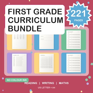 May include: A first grade curriculum bundle featuring 221 pages of educational worksheets for reading, writing, and maths. The set includes black and white printable pages with number lines, word lists, and charts in US letter and A4 sizes.