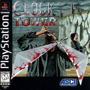 May include: A video game cover for the PlayStation console featuring a dark, ominous image of a person with a bloody pair of scissors over their head. The game title "Clock Tower" is displayed in large, white letters. The background is a dark, stormy sea with a cliff in the distance. The game is rated "M" for Mature by the ESRB.