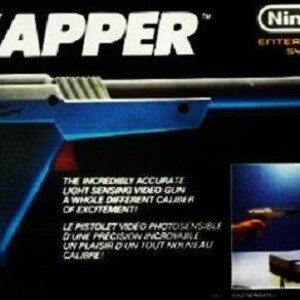 May include: A blue and gray Nintendo Zapper light gun for the Nintendo Entertainment System. The Zapper is a light gun peripheral that allows players to interact with on-screen targets in video games.