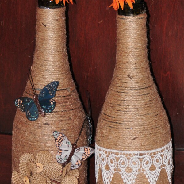 Decorated wine bottles| Wine Bottles| Jute wrapped| Cute Vase decorated| Butterflies and Flowers decor| Handmade Home Deocr