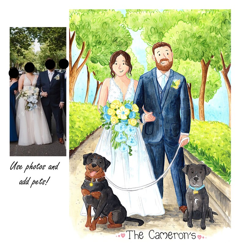 Custom Wedding Illustration A4 Illustration Hand Painted Acrylic Portrait Wedding Card Wedding Gift Couple Art Newlyweds image 3