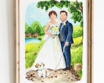 Custom Wedding Illustration - A4 Illustration - Hand Painted Acrylic Portrait - Wedding Card - Wedding Gift - Couple Art - Newlyweds