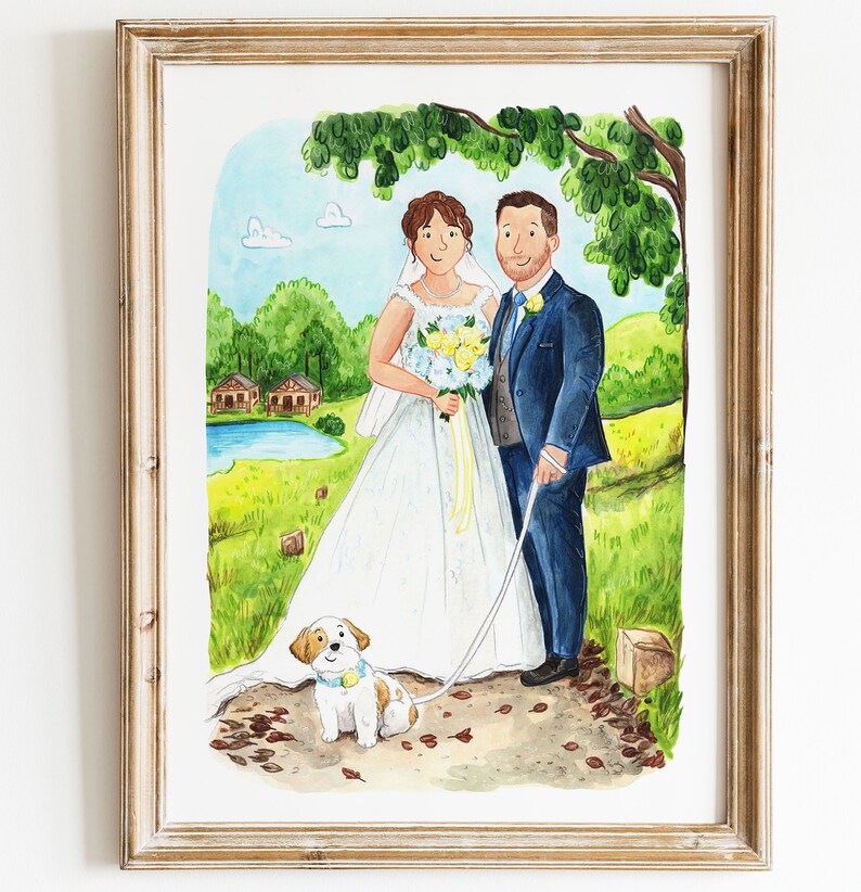 Custom Wedding Illustration A4 Illustration Hand Painted Acrylic Portrait Wedding Card Wedding Gift Couple Art Newlyweds image 1